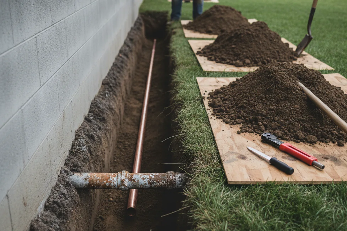 Excavated water line trench during Sewer Line Repair in Gladstone